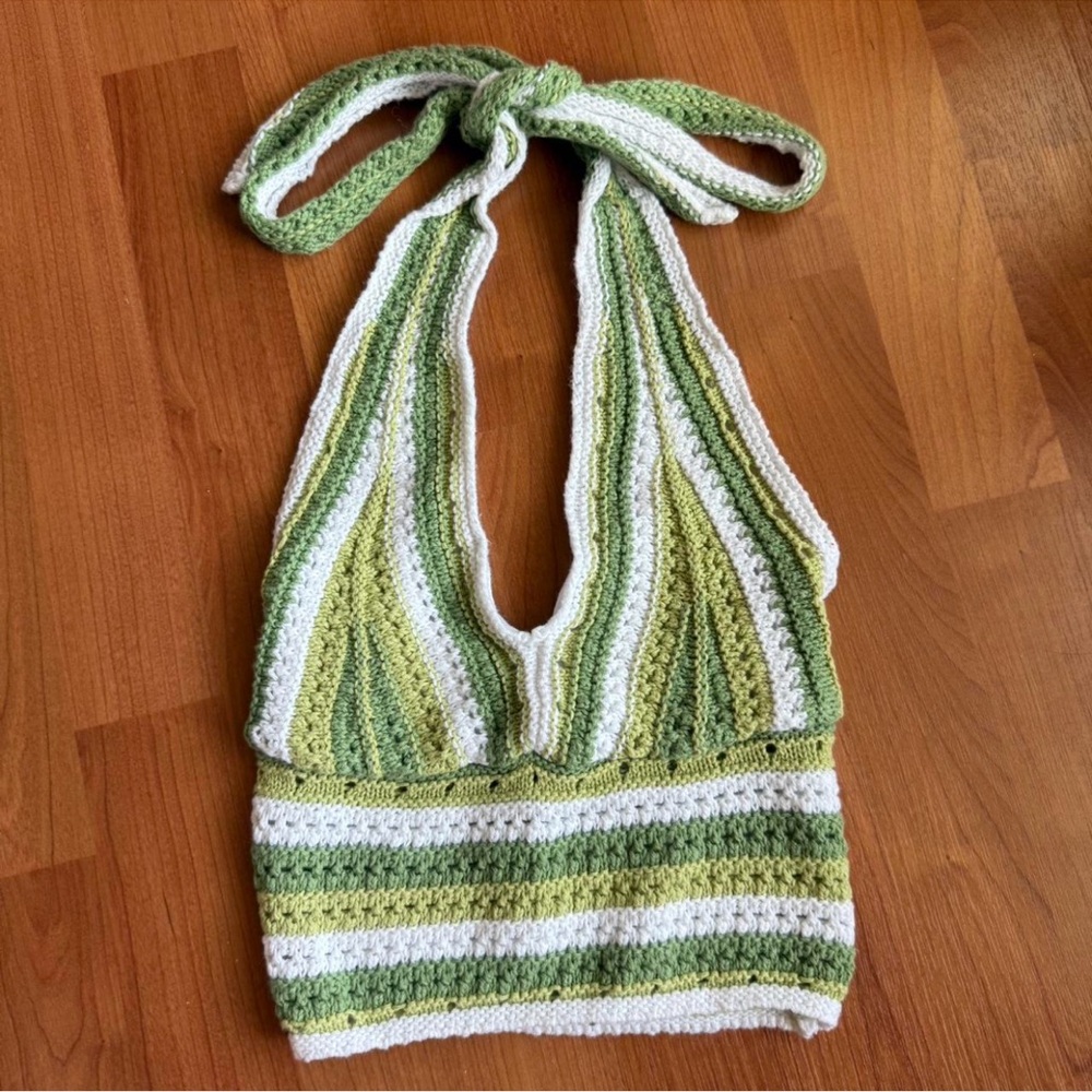 Hollister Green and White Crochet Halter Top